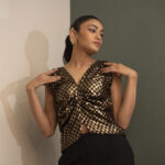 Gingham Black & Gold Gathered Top